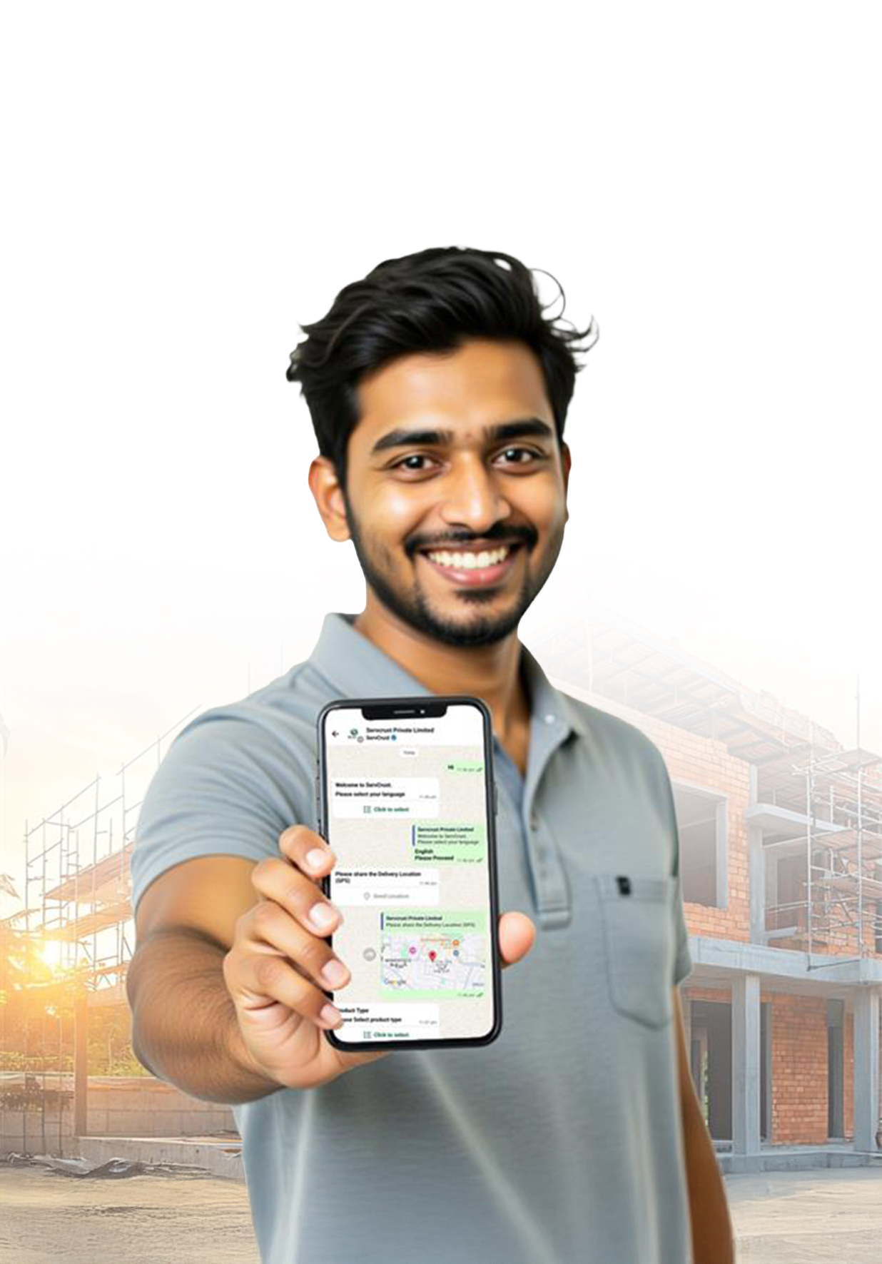 Happy industrial worker showing mobile phone at factory