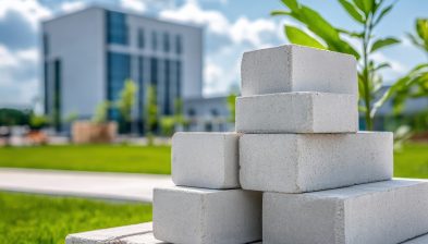 A close-up view of stacked recycled concrete blocks highlighting their texture against a vibrant background with modern architecture and greenery.